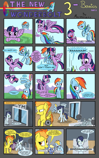 Size: 2700x4300 | Tagged: safe, artist:marmorexx, derpibooru import, rainbow dash, soarin', spitfire, twilight sparkle, twilight sparkle (alicorn), oc, alicorn, pony, comic:the new wonderbolt, comic, female, gym, implied shipping, implied soarindash, implied straight, mare