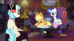 Size: 1920x1080 | Tagged: applejack, cello, coco pommel, coco's apartment, cookie, couch, cup, derpibooru import, edit, flower, food, lamp, levitation, made in manehattan, magic, musical instrument, rarity, safe, screencap, tea, teacup, teapot, telekinesis