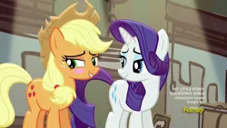 Size: 1280x720 | Tagged: applejack, applejack's damaged hat, blushing, derpibooru import, lidded eyes, made in manehattan, out of context, rarity, safe, screencap