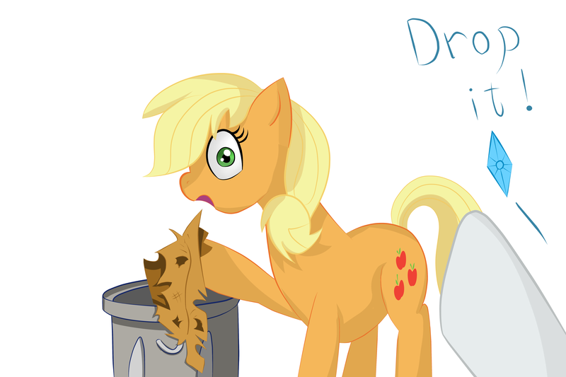 Size: 6000x4000 | Tagged: applejack, applejack's damaged hat, applejack's hat's death, artist:wilshirewolf, derpibooru import, hat, made in manehattan, rarity, safe, surprised, trash can