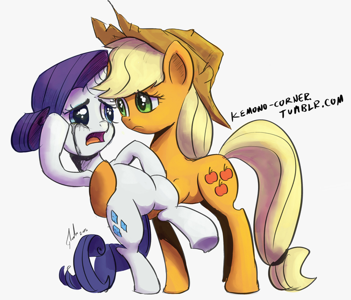 Size: 895x765 | Tagged: safe, artist:raikoh, derpibooru import, applejack, rarity, pony, made in manehattan, applejack's damaged hat, armpits, belly, crying, eye contact, frown, holding a pony, holiday, leaning, looking at each other, makeup, open mouth, running makeup, sad, scene interpretation, underhoof