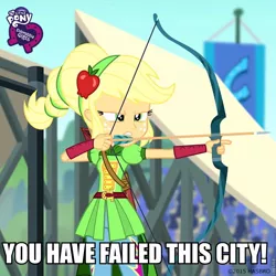 Size: 800x800 | Tagged: safe, derpibooru import, screencap, applejack, equestria girls, friendship games, archery, arrow, arrow (tv), arrowverse, bow (weapon), bow and arrow, caption, equestria girls logo, green arrow, image macro, meme, text, that was fast, weapon, you have failed this city