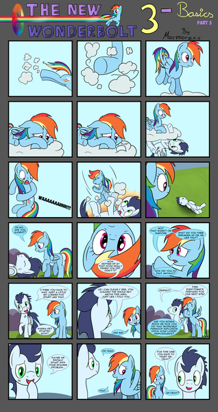 Size: 2700x5100 | Tagged: safe, artist:marmorexx, derpibooru import, rainbow dash, soarin', pony, comic:the new wonderbolt, backwards cutie mark, cloud, comic, on back