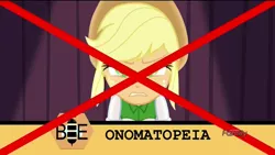 Size: 1366x768 | Tagged: safe, derpibooru import, screencap, applejack, acadeca, equestria girls, friendship games, applejack's hat, cowboy hat, fail, hat, misspelling, onomatopoeia, spelling bee