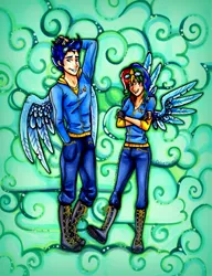 Size: 1673x2179 | Tagged: safe, artist:frostykat13, derpibooru import, rainbow dash, soarin', human, boots, clothes, female, humanized, male, shipping, shoes, soarindash, straight, traditional art, uniform, winged humanization, wings