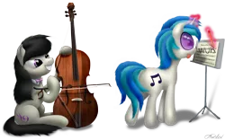 Size: 3400x2125 | Tagged: safe, artist:awalex, derpibooru import, octavia melody, vinyl scratch, bow (instrument), butt, grin, magic, plot, simple background, slasher smile, smiling, telekinesis, this will end in tears, tongue out, transparent background