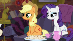 Size: 854x480 | Tagged: safe, derpibooru import, screencap, applejack, rarity, earth pony, pony, unicorn, made in manehattan, animated, applejack's hat, blinking, cowboy hat, cup, cute, eating, female, glowing horn, hat, horn, jackabetes, magic, mare, mouth hold, nom, prone, raised hoof, silly, silly pony, sitting, smiling, talking, teacup, teapot, telekinesis