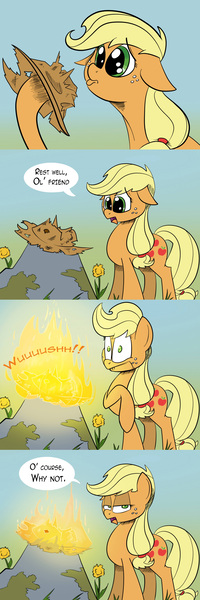 Size: 1200x3596 | Tagged: applejack, applejack's damaged hat, applejack's hat's death, artist:pimander1446, comic, derpibooru import, fire, made in manehattan, safe, solo, spontaneous combustion