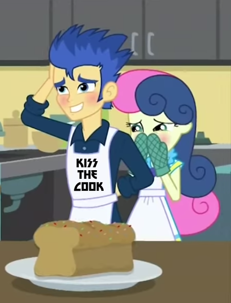 Size: 481x632 | Tagged: safe, derpibooru import, edit, edited screencap, screencap, bon bon, flash sentry, sweetie drops, acadeca, equestria girls, friendship games, blushing, cropped, kiss (band), kiss the cook