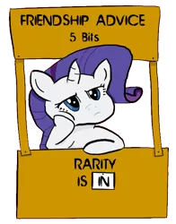 Size: 520x662 | Tagged: artist:danieruhuli, booth, bored, derpibooru import, friendship advice, frown, leaning, lucy's advice booth, lucy van pelt, made in manehattan, peanuts, rarity, safe, solo, squishy cheeks