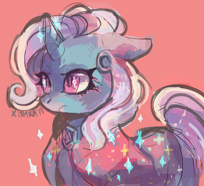 Size: 1073x979 | Tagged: safe, artist:cherivinca, derpibooru import, trixie, pony, unicorn, cape, clothes, female, frown, mare, solo, sparkles, trixie's cape, wavy mouth