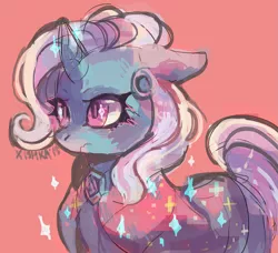 Size: 1073x979 | Tagged: safe, artist:cherivinca, derpibooru import, trixie, pony, unicorn, cape, clothes, female, frown, mare, solo, sparkles, trixie's cape, wavy mouth