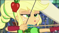 Size: 1920x1080 | Tagged: safe, derpibooru import, screencap, applejack, equestria girls, friendship games, :o, arrow, bow (weapon), bow and arrow, dat face, lidded eyes, open mouth, solo, weapon