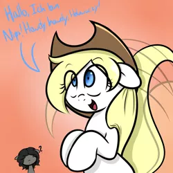 Size: 1500x1500 | Tagged: safe, artist:fullmetalpikmin, derpibooru import, oc, oc:aryanne, oc:nikita, unofficial characters only, pony, squirrel, :<, aryan, aryanbetes, aryan pony, bipedal, confused, cowboy hat, cute, floppy ears, german, hat, head tilt, impersonating, looking at you, movie reference, nazi, nazipone, open mouth, question mark, smiling, speech bubble, tail wag, toy story, wondering, yankees