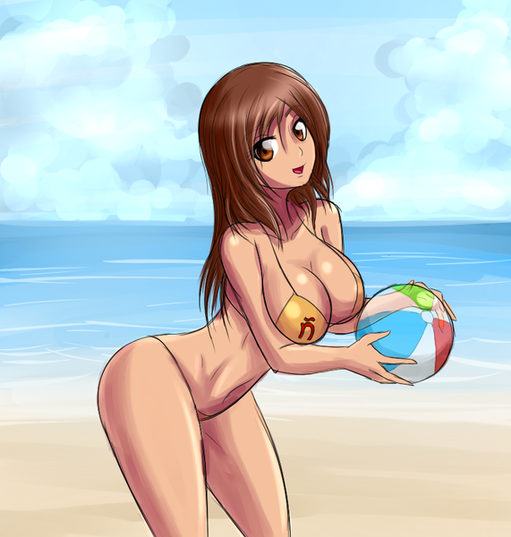 Size: 777x817 | Tagged: artist:zantyarz, beach, beach ball, big breasts, bikini, breasts, clothes, derpibooru import, female, human, humanized, humanized oc, oc, oc:maría teresa de los ponyos paguetti, solo, solo female, suggestive, swimsuit, unofficial characters only