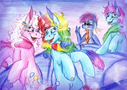 Size: 2289x1616 | Tagged: safe, artist:animagicworld, derpibooru import, master kenbroath gilspotten heathspike, minty, pinkie pie, rainbow dash, rainbow dash (g3), spike, g3, female, lesbian, peace sign, pinkiedash, shipping, sunglasses, traditional art