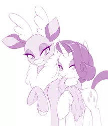 Size: 860x1000 | Tagged: safe, artist:dstears, derpibooru import, rarity, velvet reindeer, deer, pony, reindeer, unicorn, them's fightin' herds, community related, crossover, duo, monochrome, simple background, white background