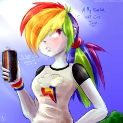 Size: 2100x2100 | Tagged: safe, artist:manic-the-lad, derpibooru import, rainbow dash, equestria girls, a dash of everything, alternate hairstyle, hair over one eye, heart, i'm not cute, inner thoughts, solo, sweat, tsunderainbow, tsundere