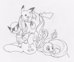 Size: 1000x841 | Tagged: artist:dfectivedvice, bulbasaur, charmander, crossover, derpibooru import, fluttershy, grayscale, monochrome, pikachu, pokémon, pokémon trainer, safe, simple background, squirtle, traditional art