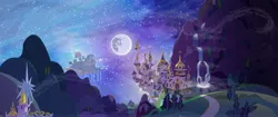 Size: 5120x2160 | Tagged: artist:minty root, background, canterlot, cloudsdale, derpibooru import, dinky's destiny, mare in the moon, moon, night, safe, scenery, twilight's castle