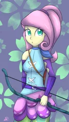 Size: 1352x2387 | Tagged: safe, artist:wolfy-pony, derpibooru import, fluttershy, equestria girls, friendship games, archery, bow (weapon), ponytail, solo