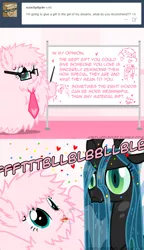 Size: 650x1125 | Tagged: safe, artist:mixermike622, derpibooru import, queen chrysalis, oc, oc:fluffle puff, tumblr:ask fluffle puff, :<, :p, :t, also hugs, ask, canon x oc, chrysipuff, drool, female, glasses, lesbian, necktie, onomatopoeia, professor poof, raspberry, raspberry noise, shipping, spit, tongue out, tumblr, unamused, wet