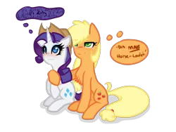 Size: 1280x960 | Tagged: safe, artist:suenden-hund, derpibooru import, applejack, rarity, accessory swap, applejack's hat, chest fluff, cowboy hat, female, hat, lesbian, rarijack, shipping, simple background, thought bubble, transparent background