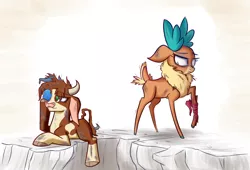 Size: 1250x850 | Tagged: safe, artist:heir-of-rick, derpibooru import, arizona cow, velvet reindeer, cow, deer, reindeer, them's fightin' herds, bandage, bandana, cloven hooves, community related, female, ice pack, injured