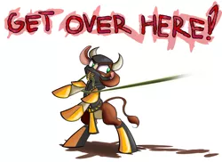 Size: 1370x1000 | Tagged: safe, artist:heir-of-rick, derpibooru import, arizona cow, cow, pony, them's fightin' herds, bipedal, clothes, community related, cosplay, costume, dialogue, mortal kombat, scorpion (mortal kombat), simple background, solo, white background