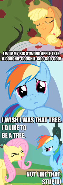 Size: 450x1302 | Tagged: safe, derpibooru import, edit, edited screencap, screencap, applejack, bloomberg, fluttershy, rainbow dash, appledash, caption, comic, female, fluttertree, i'd like to be a tree, image macro, lesbian, meme, screencap comic, shipping, text, tree