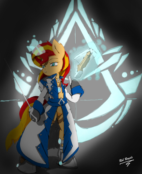 Size: 2267x2777 | Tagged: safe, artist:shard-of-life, derpibooru import, sunset shimmer, pony, assassin, assassin's creed, bipedal, bowgun, solo