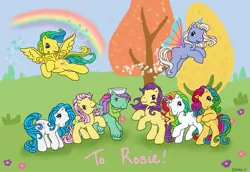 Size: 1057x729 | Tagged: safe, artist:altaira7vn, derpibooru import, fifi, glow (g1), lemon drop, masquerade (g1), posey, salty (g1), tic tac toe (g1), windy (g1), pony, flying, g1, g1 to g3, g3, generation leap, rainbow, summer wing ponies