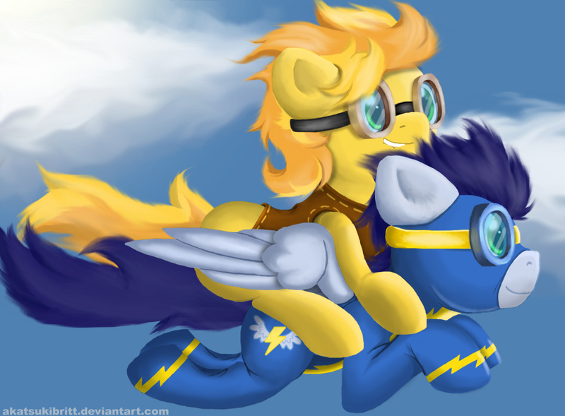 Size: 1190x876 | Tagged: safe, artist:akatsukibritt, derpibooru import, braeburn, soarin', earth pony, pegasus, pony, backwards cutie mark, clothes, flying, gay, goggles, grin, image, jpeg, lip bite, male, ponies riding ponies, riding, shipping, smiling, soarburn, stallion, uniform, windswept mane, wonderbolts uniform