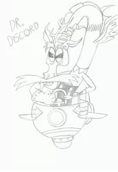 Size: 2368x3447 | Tagged: artist:morteneng21, clothes, cosplay, costume, crossover, derpibooru import, discord, doctor eggman, eggmobile, monochrome, safe, sonic the hedgehog (series), traditional art