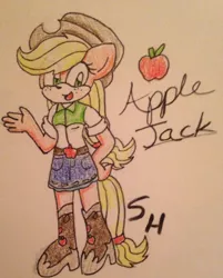 Size: 1646x2046 | Tagged: anthro, applejack, artist:alicethesuperspy, derpibooru import, equestria girls outfit, plantigrade anthro, safe, solo, sonicified, sonic the hedgehog (series), traditional art