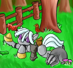 Size: 1451x1338 | Tagged: artist:greenfinger, badger, bird, bird seed, cardinal, cat, cute, derpibooru import, fanfic art, fanfic:the iron horse: everything's better with robots, fence, grass, lying down, mushroom, oc, oc:turing test, robin, robot, safe, sleeping, snake, squirrel, tree, unofficial characters only