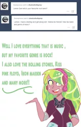 Size: 760x1197 | Tagged: safe, artist:pandanx12, derpibooru import, lemon zest, ask the shadowbolts, equestria girls, friendship games, dialogue, iron maiden, kiss (band), looking at you, pink floyd, solo, the rolling stones