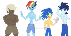 Size: 1024x522 | Tagged: safe, artist:urhangrzerg, derpibooru import, dumbbell, rainbow dash, soarin', equestria girls, bare chest, clothes, crossover, equestria girls-ified, partial nudity, rainbow blitz, rule 63, simple background, sonic the hedgehog, sonic the hedgehog (series), topless, transparent background