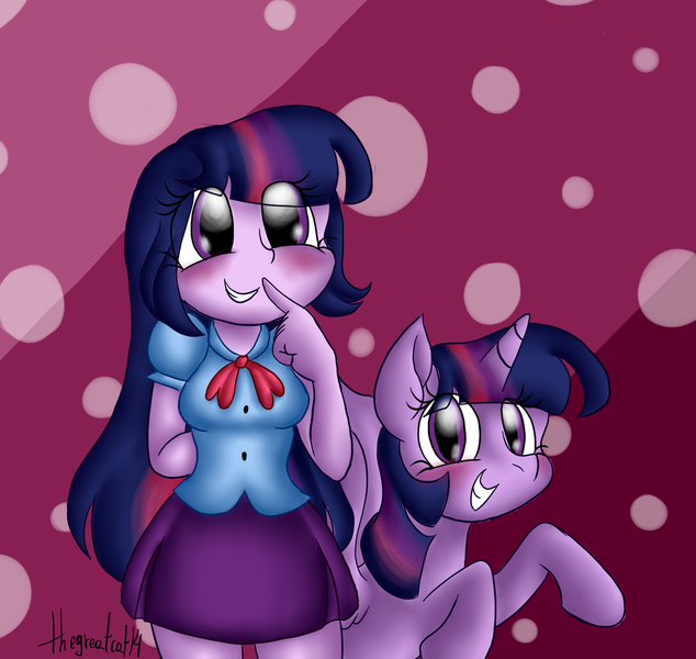 Size: 1024x969 | Tagged: safe, artist:queentigrel, derpibooru import, twilight sparkle, twilight sparkle (alicorn), alicorn, pony, equestria girls, human ponidox, self ponidox, smiling