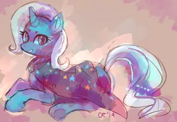 Size: 1280x888 | Tagged: safe, artist:cherivinca, derpibooru import, trixie, pony, unicorn, cape, clothes, female, mare, prone, solo, trixie's cape