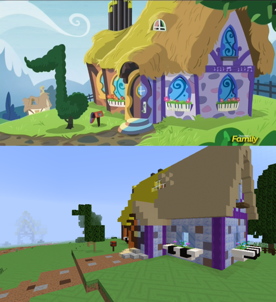 Size: 587x640 | Tagged: brohoof.com, derpibooru import, edit, edited screencap, minecraft, ponyville, safe, screencap, tree, vinyl and octavia's home