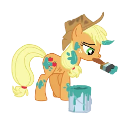Size: 745x681 | Tagged: applejack, applejack's damaged hat, artist:pinkiejay, bucket, derpibooru import, made in manehattan, paint, paintbrush, paint in hair, paint on fur, safe, simple background, solo, transparent background, vector