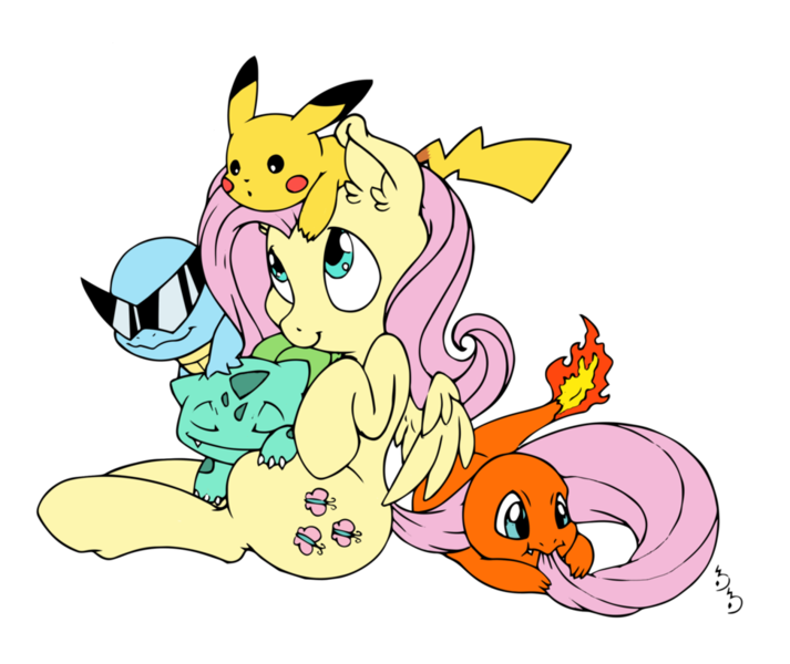 Size: 974x820 | Tagged: artist:dfectivedvice, artist:edcom02, bulbasaur, charmander, colored, crossover, derpibooru import, fluttershy, glasses, pikachu, pokémon, pokémon trainer, safe, simple background, squirtle, transparent background