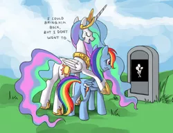 Size: 910x700 | Tagged: safe, artist:ponykillerx, derpibooru import, edit, princess celestia, rainbow dash, alicorn, pegasus, pony, 1000 hours in ms paint, butt, celestia's grave meme, exploitable meme, female, grave, gravestone, implied death, mare, meme, ms paint, plot, radio graffiti, true capitalist radio