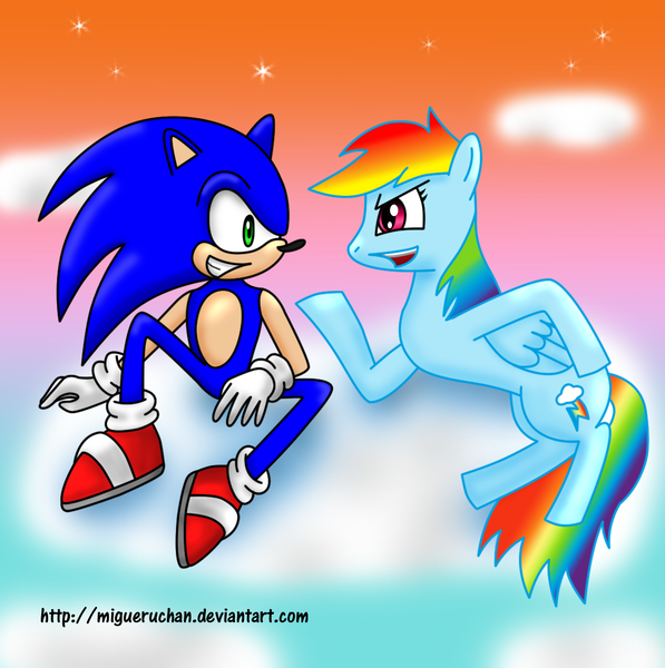 Size: 1140x1145 | Tagged: artist:migueruchan, cloud, cloudy, crossover, derpibooru import, duo, hoofwrestle, match, rainbow dash, safe, sonic the hedgehog, sonic the hedgehog (series), sports, wrestling