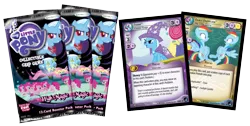 Size: 1320x663 | Tagged: safe, derpibooru import, pinkie pie, rainbow dash, rarity, trixie, pony, unicorn, magic duel, princess twilight sparkle (episode), too many pinkie pies, alicorn amulet, ccg, enterplay, female, high magic, mare, merchandise, my little pony logo, mystery box of plot importance