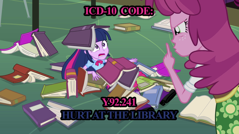 Size: 1920x1080 | Tagged: safe, derpibooru import, edit, edited screencap, screencap, cheerilee, twilight sparkle, equestria girls, equestria girls (movie), book, icd-10, library, text