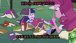 Size: 1920x1080 | Tagged: safe, derpibooru import, edit, edited screencap, screencap, cheerilee, twilight sparkle, equestria girls, equestria girls (movie), book, icd-10, library, pink text, text