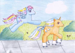 Size: 1024x721 | Tagged: artist:normaleeinsane, derpibooru import, g1, roller skates, safe, speedy, sweet pop (g1), traditional art