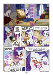 Size: 800x1131 | Tagged: artist:mister-saugrenu, carousel boutique, comic, comic:art block, derpibooru import, magic, mannequin, rarity, safe, sweetie belle, sweetie belle's magic brings a great big smile, telekinesis